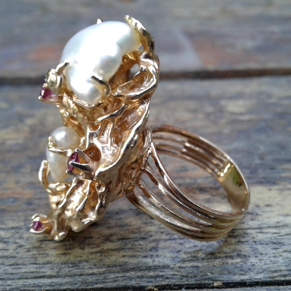 Exquisite 14k gold mother of pearl and rubies ring 7.75 cocktail party big 16g - Picture 7 of 8